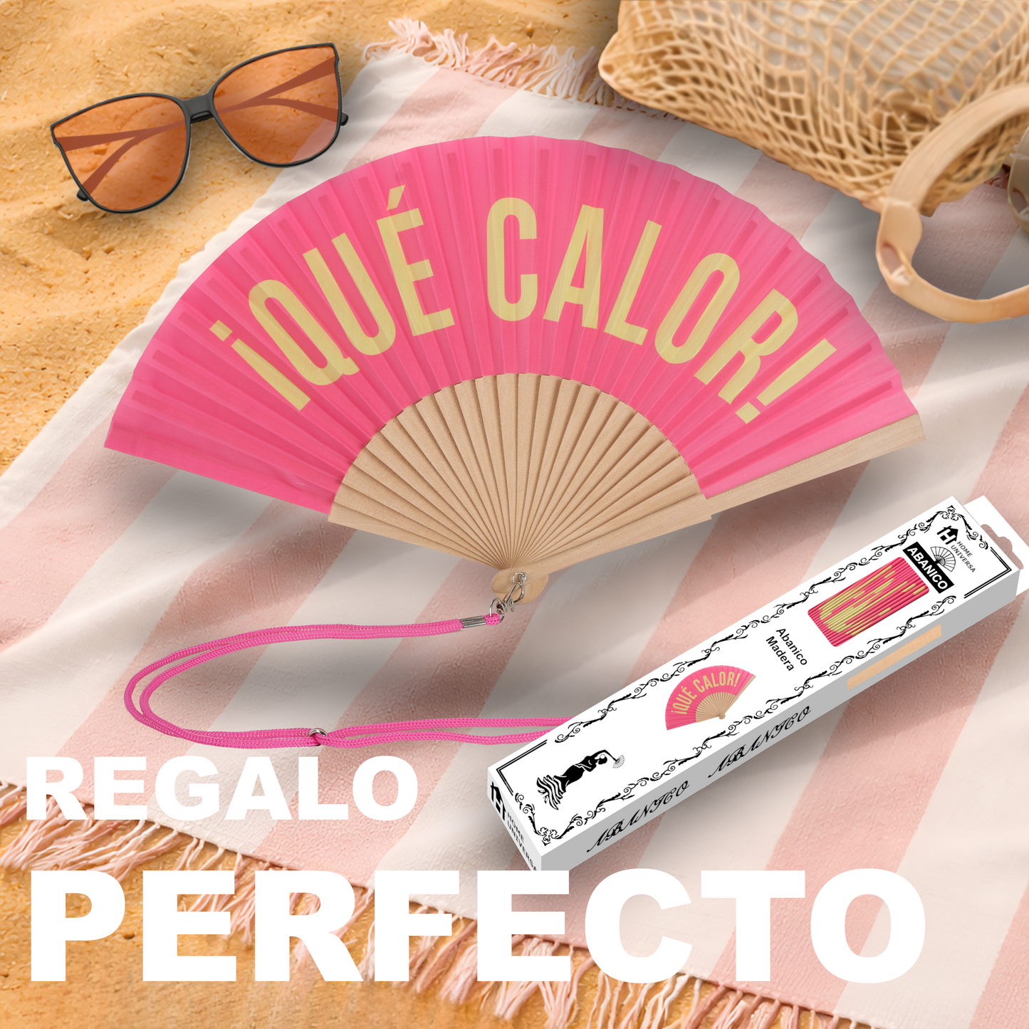 Home Universal® Abanico 23 cm con Cuerda para Cuello – Abanico Plegable de Madera Ligero y Portátil – Accesorio de Verano para Playa, Festivales, Bodas y Eventos – Diseño Divertido, Ideal para Viajes y Calor (¡QUÉ CALOR! (Rosa))