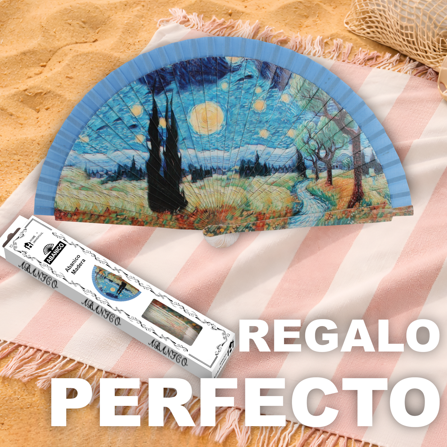 Home Universal®  Abanico 23CM DE Madera Lisa con Tela de Marfil, Abanico de Madera Adornado, Abanico Original - Paseo Estrellada (Estilo Vincent van Gogh)