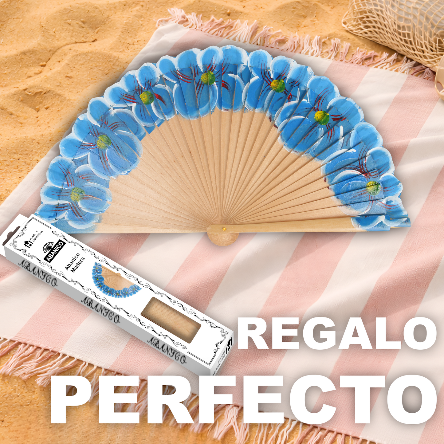 Home Universal®  Abanico 23CM DE Madera Lisa con Tela de Marfil, Abanico de Madera Adornado, Abanico Original - Floral Azul