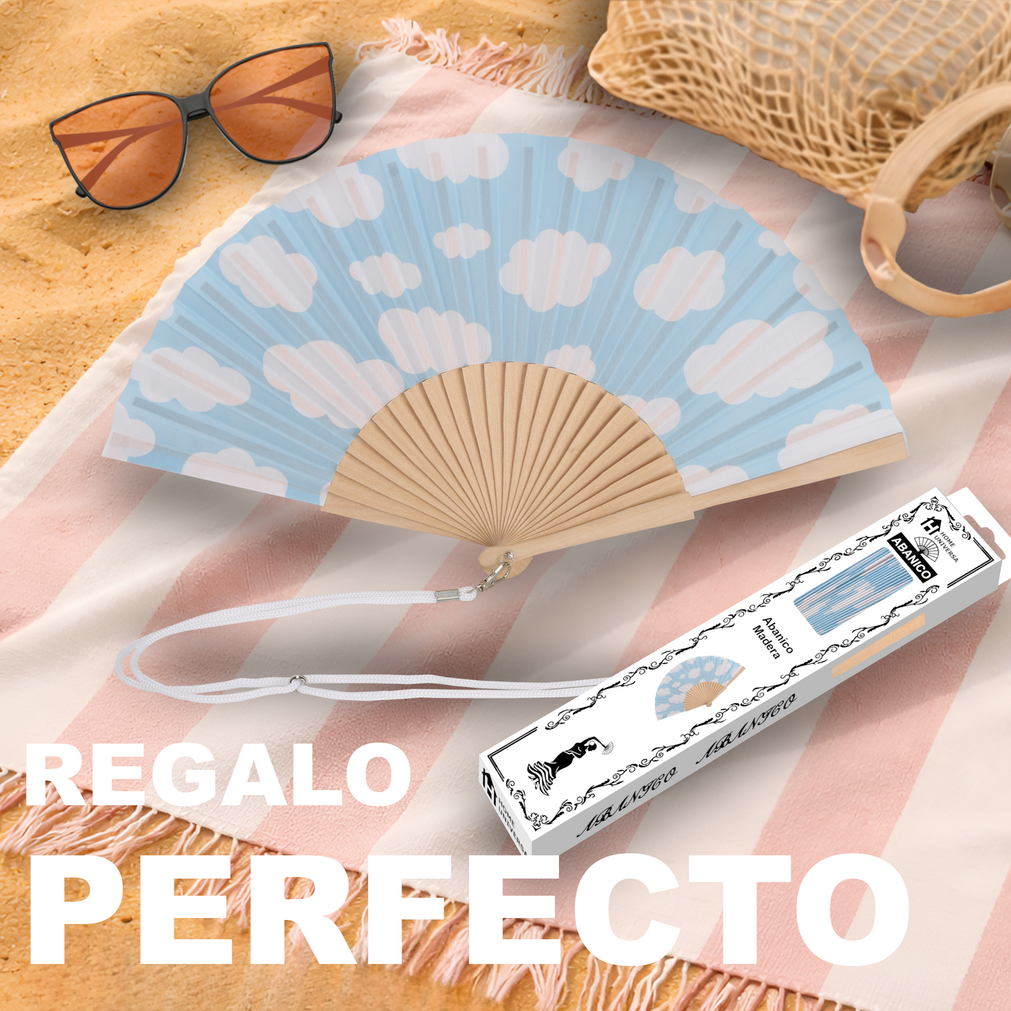 Home Universal® Abanico 23 cm con Cuerda para Cuello – Abanico Plegable de Madera Ligero y Portátil – Accesorio de Verano para Playa, Festivales, Bodas y Eventos – Diseño Divertido, Ideal para Viajes y Calor (Cielo Azul Con Nubes)