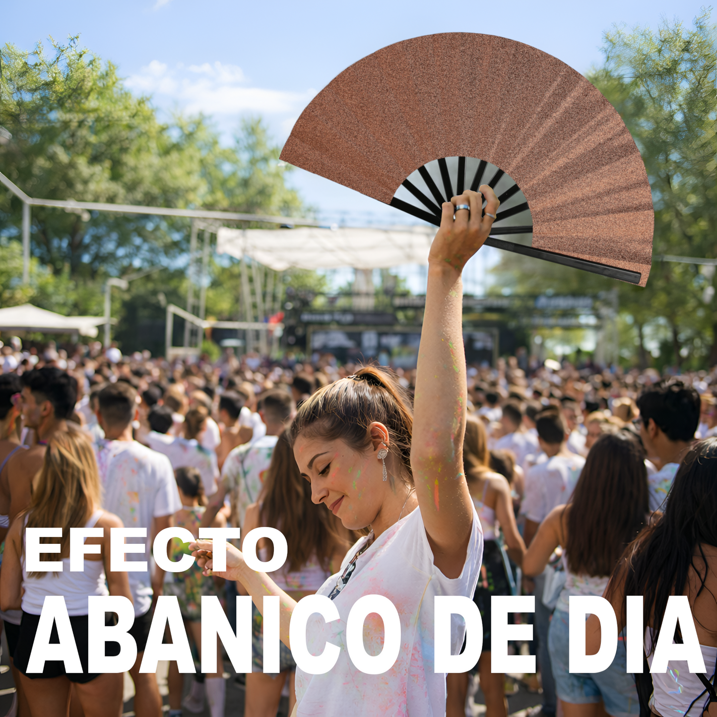 Home Universal® Abanico XXL 33 cm Grande de Plástico con Caja – Plegable, Ligero y Resistente – Efecto Fluorescente Brillante – Ideal para Verano, Fiesta, Discoteca, Pride y Eventos - Marrón (Purpurina)