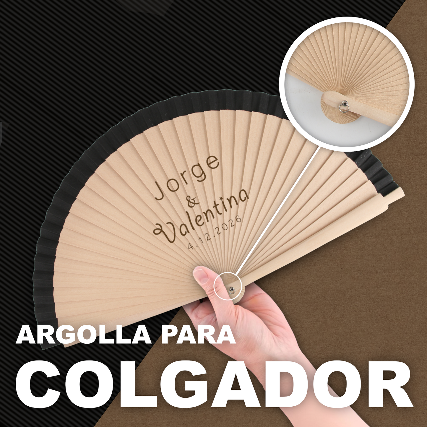 Home Universal® Abanico Personalizado de Madera, 1 Unidad – Detalle Elegante para Boda, Bautizo o Comunión, con Nombre y Fecha, Recuerdo Original para Invitados, 19 y 23 cm(Negro)