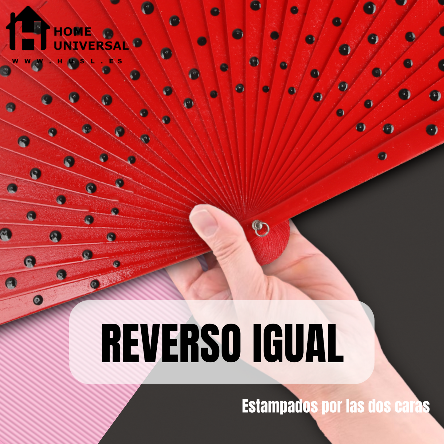 Home Universal®  Abanico Español Plegable de Madera con Argolla de Doble Cara Rojo con Lunares - Ventilador de Mano Ligero Portátil para Flamenco, Bodas, Fiesta y Verano - Rojo Con Lunar Blanco - Rojo Con Lunar Negro - 23 CM (12 Unidades)