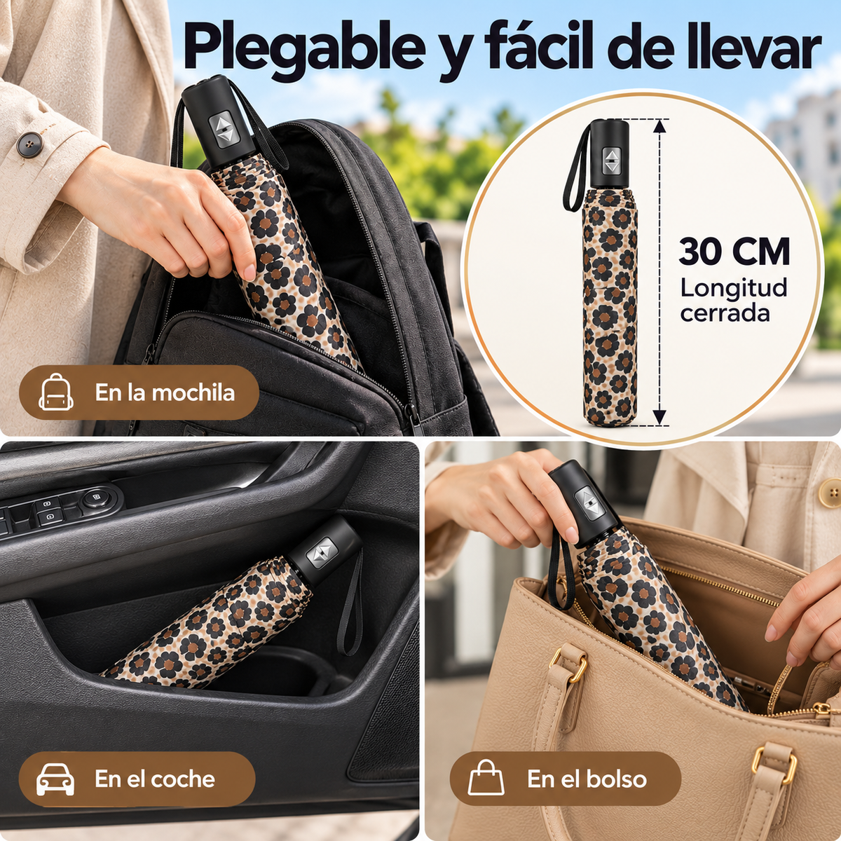 Home Universal® Paraguas Automático Plegable Grande, Compacto y Resistente, para Lluvia y Sol (Automático Apertura y Cierre (Leopardo Marrón))