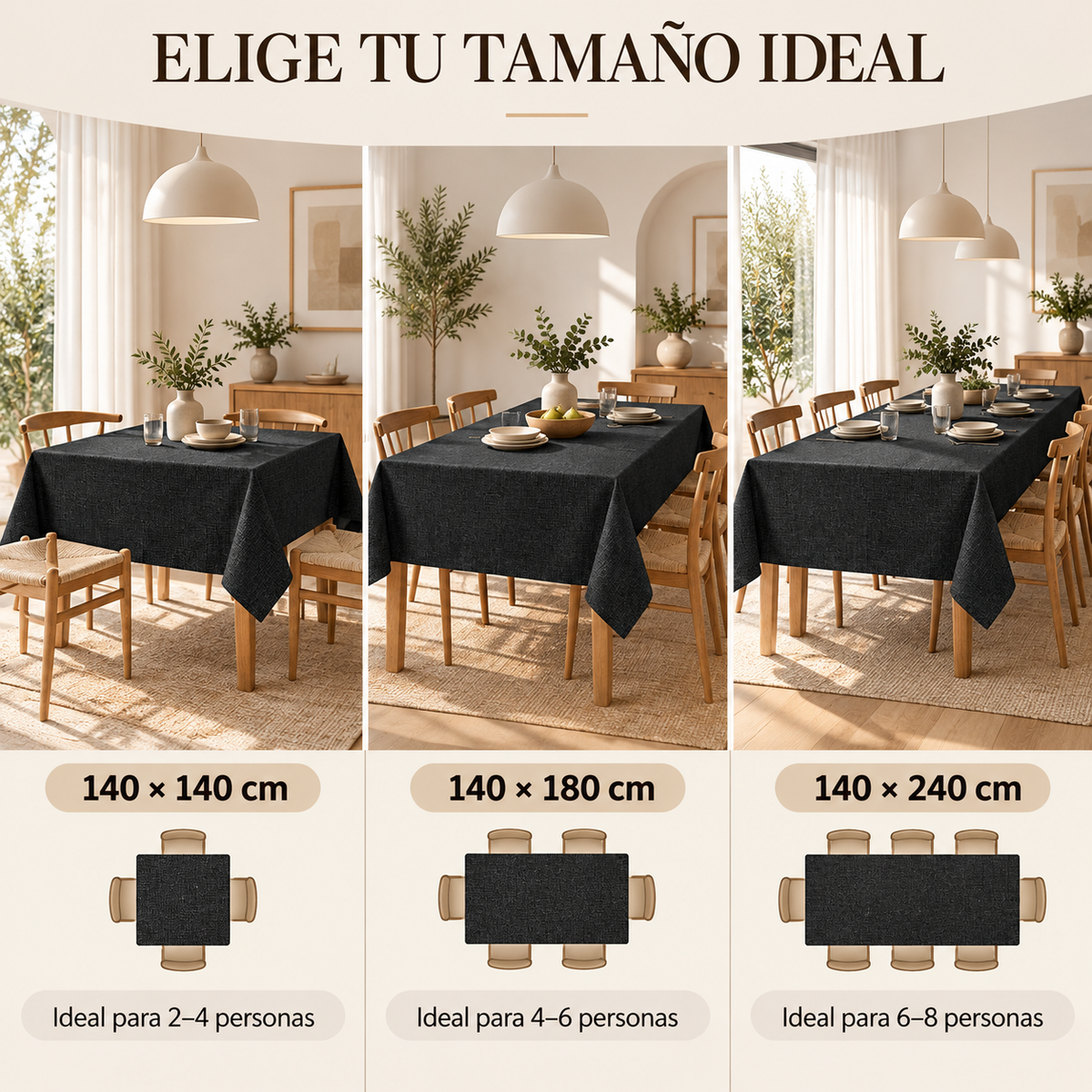 Home Universal® Mantel de Mesa Impermeable y Antimanchas, Tejido de Loneta con Efecto Lino , Liso o Estampado, para Cocina y Comedor (Negro Liso)