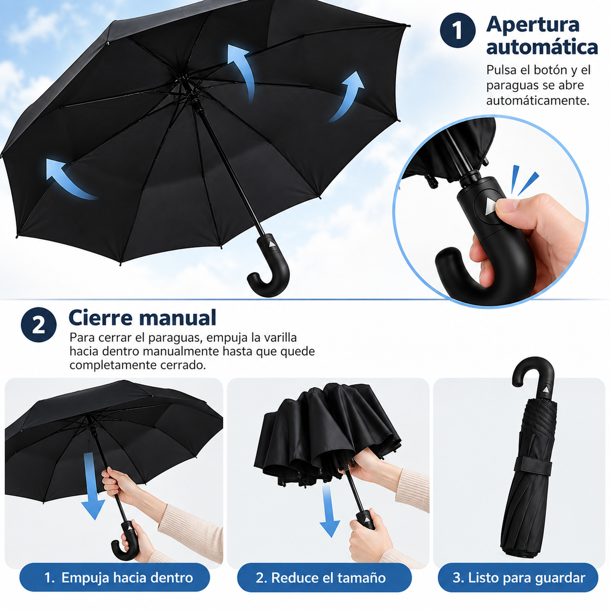 Home Universal® Paraguas Automático Plegable Grande, Compacto y Resistente, para Lluvia y Sol (Solo Apertura Automática (Mango Curvo))