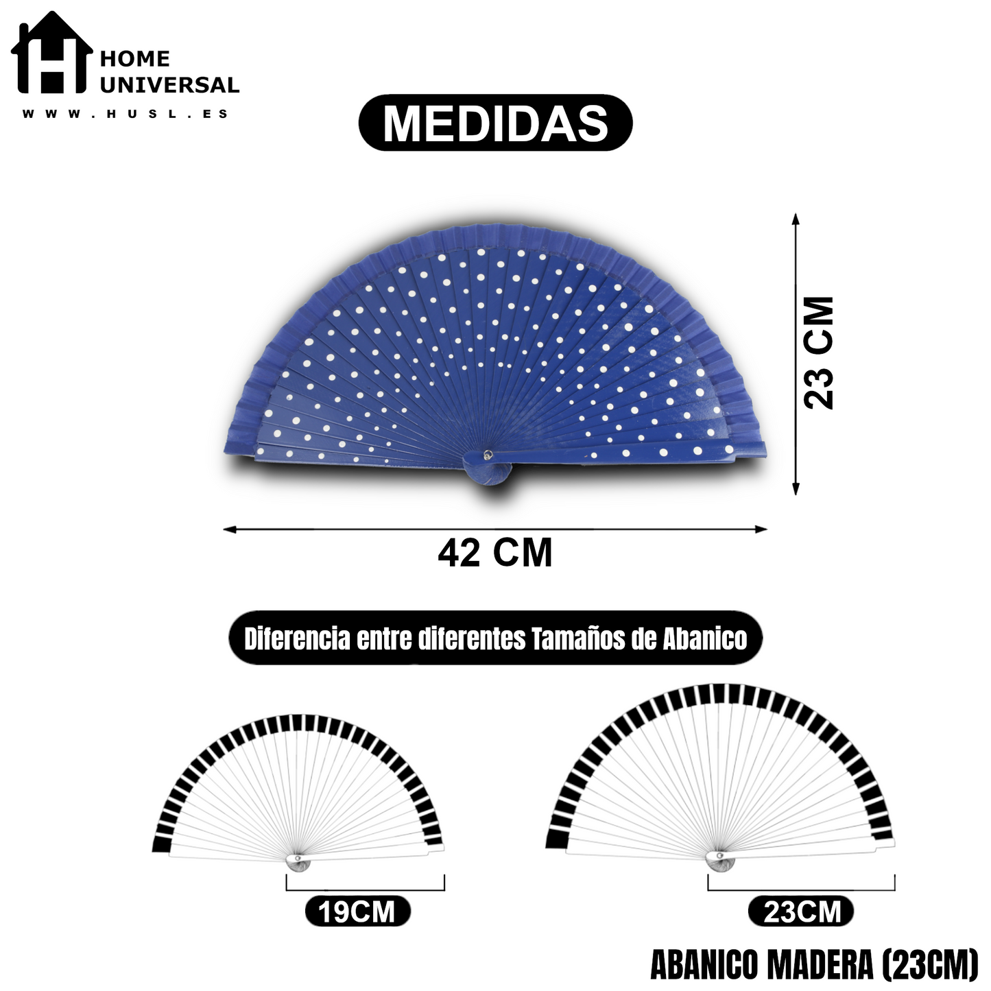 Home Universal® Pack de 1/2 Abanicos de Madera Lacados, Disponibles en Varios Colores y Tamaños, Abanico Flamenco Español para Bodas, Ferias, Fiestas, Comuniones y Eventos (23 cm, Azul Con Lunar Blanco)
