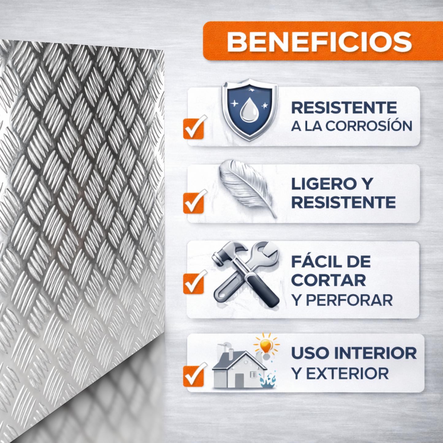 ome Universal® Chapa de Aluminio Estriada, Lisa, Malla y Perforada (Cuadrada, Ovalada, Redonda), Rugosa – Lámina Metálica Resistente Anticorrosión para Bricolaje e Industria Superficie (Estriada) - Estriada (50X50CM - 1.5MM)
