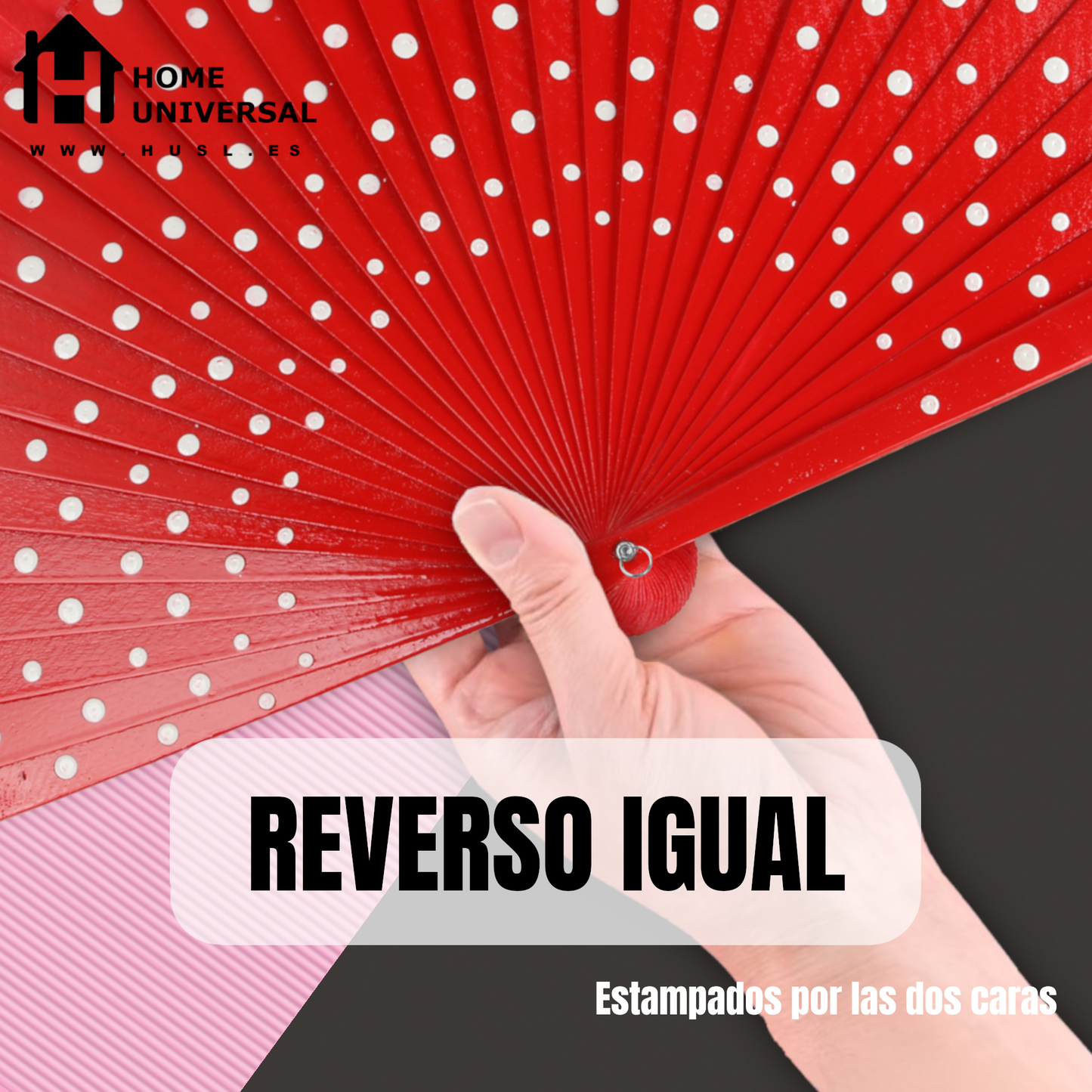 Home Universal®  Abanico Español Plegable de Madera con Argolla de Doble Cara Rojo con Lunares - Ventilador de Mano Ligero Portátil para Flamenco, Bodas, Fiesta y Verano - Rojo Con Lunar Blanco - 23 CM (12 Unidades)