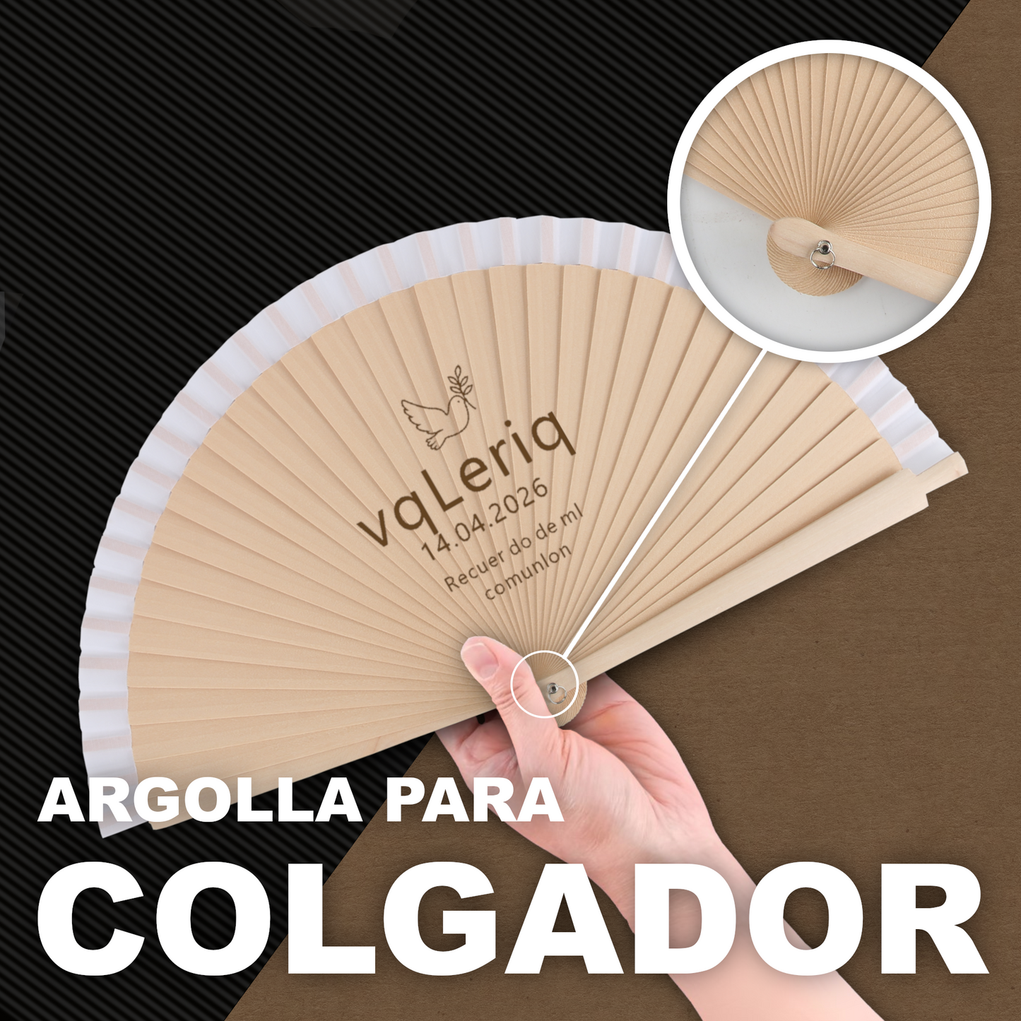 Home Universal® Abanico Personalizado de Madera, 1 Unidad – Detalle Elegante para Boda, Bautizo o Comunión, con Nombre y Fecha, Recuerdo Original para Invitados, 19 y 23 cm(Blanco)