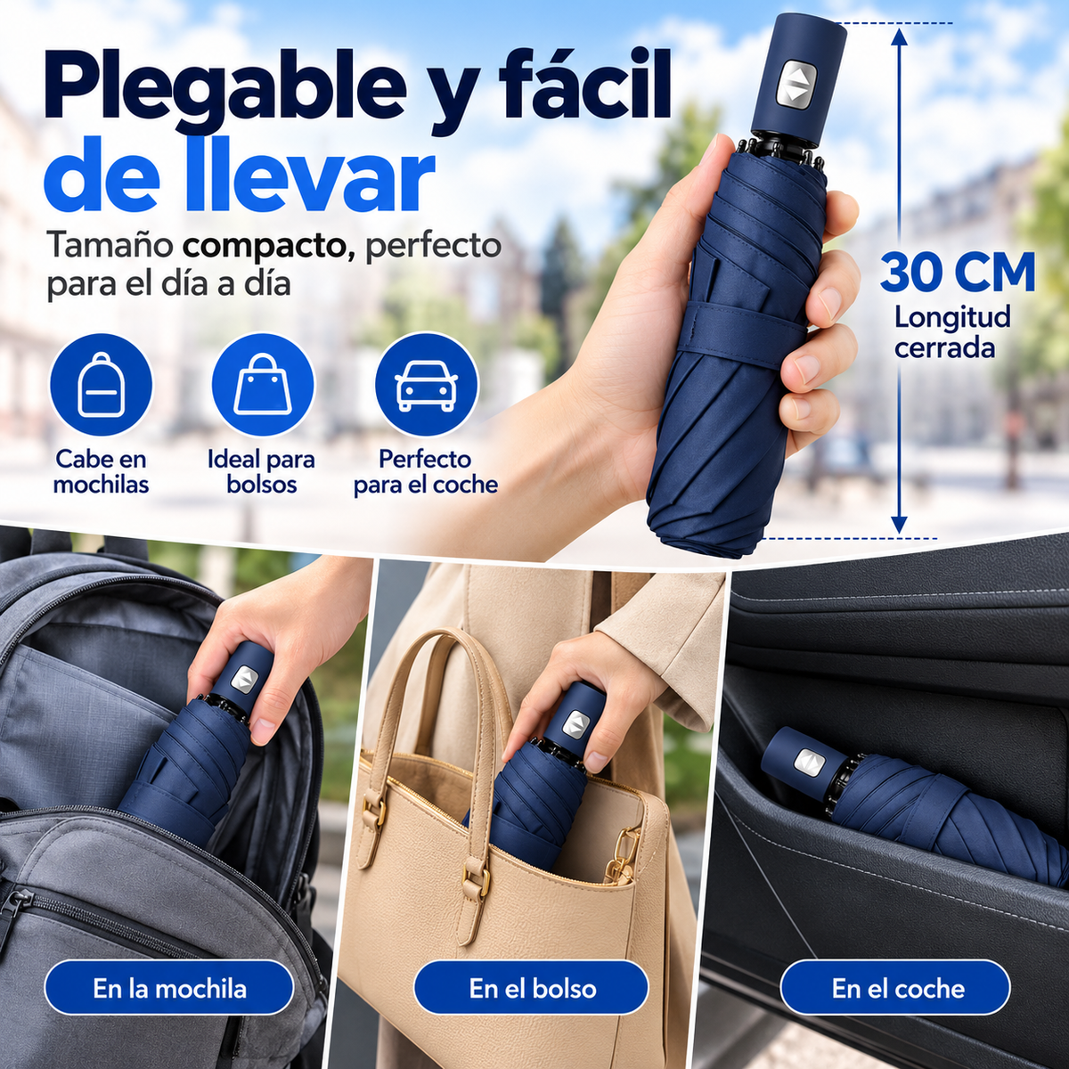 Home Universal® Paraguas Automático Plegable Grande, Compacto y Resistente, para Lluvia y Sol (Automático Apertura y Cierre (Azul))