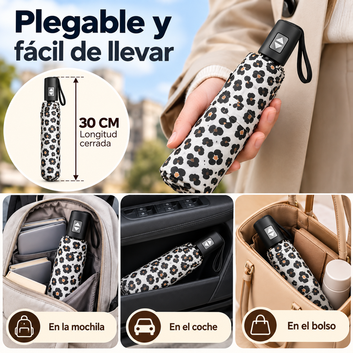 Home Universal® Paraguas Automático Plegable Grande, Compacto y Resistente, para Lluvia y Sol (Automático Apertura y Cierre (Leopardo Blanco Negro))