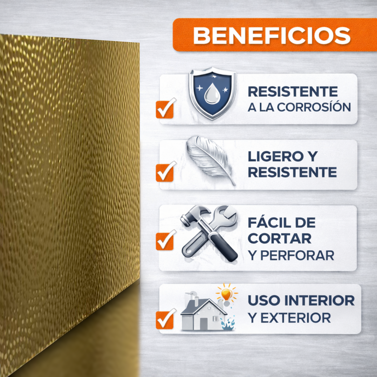 ome Universal® Chapa de Aluminio Estriada, Lisa, Malla y Perforada (Cuadrada, Ovalada, Redonda), Rugosa – Lámina Metálica Resistente Anticorrosión para Bricolaje e Industria Superficie (Rugosidad) - Dorado (25X50CM - 0.8MM)