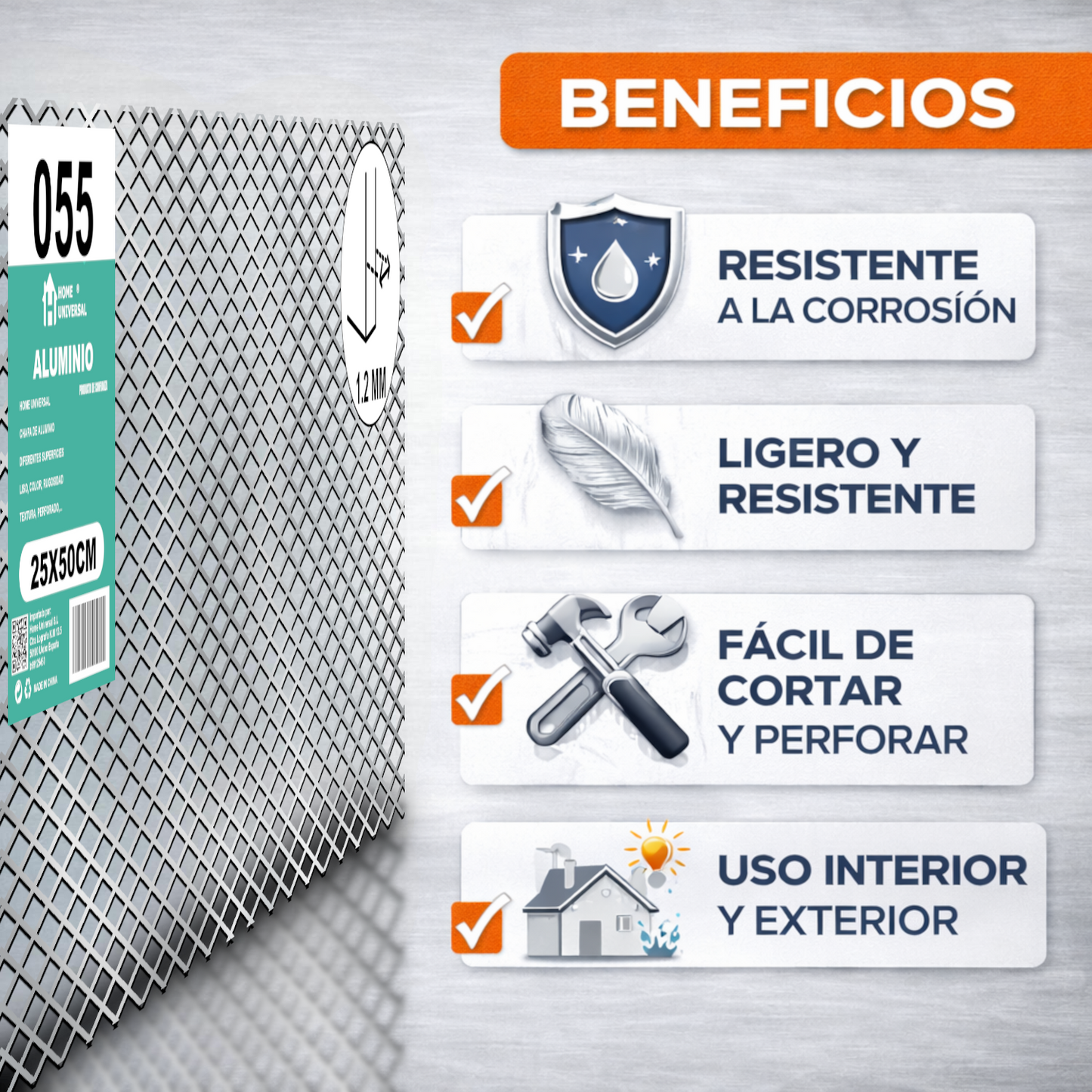 ome Universal® Chapa de Aluminio Estriada, Lisa, Malla y Perforada (Cuadrada, Ovalada, Redonda), Rugosa – Lámina Metálica Resistente Anticorrosión para Bricolaje e Industria Superficie (Malla) - Malla-12X25MM (25X50CM - 1.2MM)