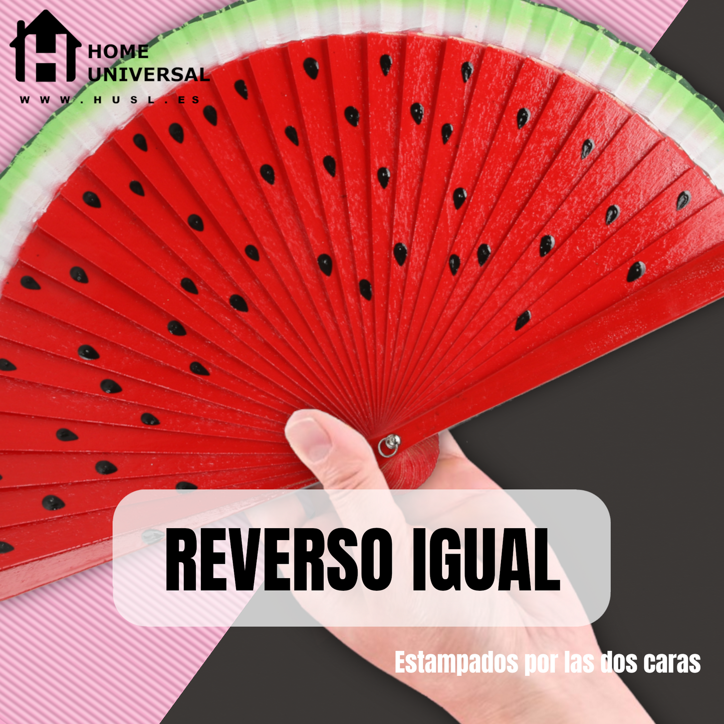 Home Universal® Abanico de Madera para Mujer, Abanico Pequeño de Mano, Modelos Lisos y de Lunares, Varios Colores Disponibles, Abanico Flamenco para Feria, Boda y Fiesta (Sandía)