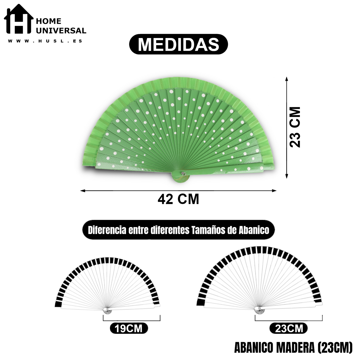 Home Universal® Pack de 1/2 Abanicos de Madera Lacados, Disponibles en Varios Colores y Tamaños, Abanico Flamenco Español para Bodas, Ferias, Fiestas, Comuniones y Eventos (23 cm, Verde Con Lunar Blanco)
