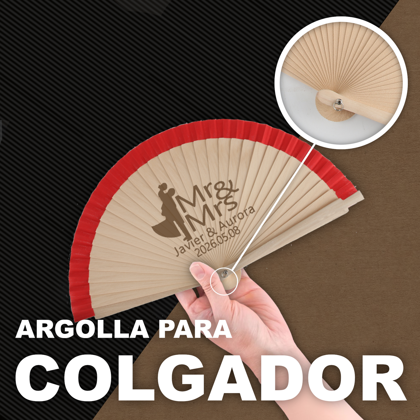 Home Universal® Abanico Personalizado de Madera, 1 Unidad – Detalle Elegante para Boda, Bautizo o Comunión, con Nombre y Fecha, Recuerdo Original para Invitados, 19 y 23 cm(Rojo)