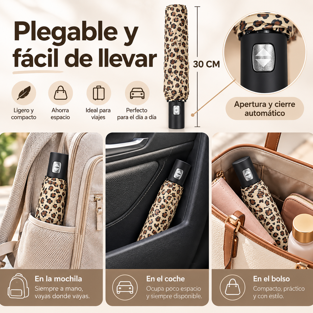 Home Universal® Paraguas Automático Plegable Grande, Compacto y Resistente, para Lluvia y Sol (Automático Apertura y Cierre (Leopardo Beige))