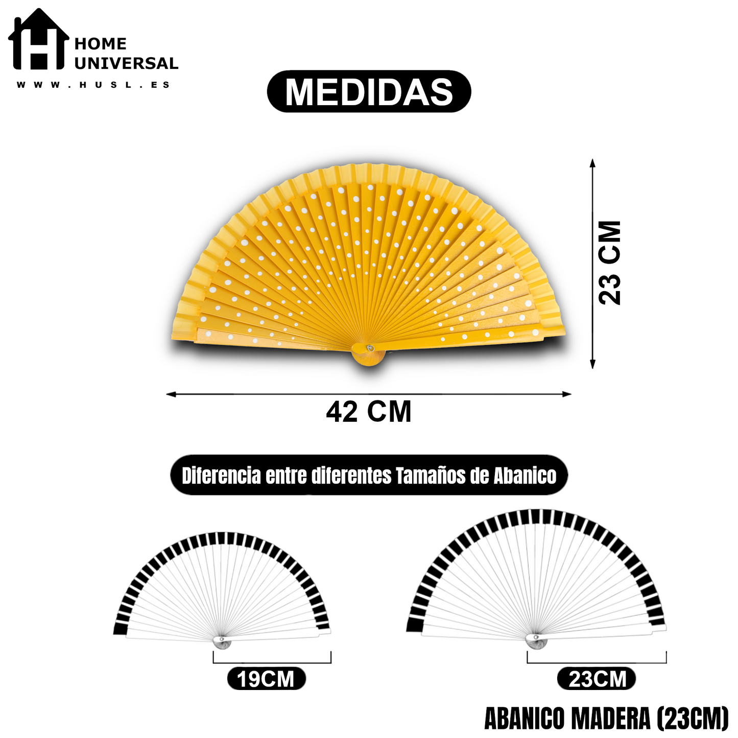 Home Universal®  Abanico Español Plegable de Madera con Argolla de Doble Cara Rojo con Lunares - Ventilador de Mano Ligero Portátil para Flamenco, Bodas, Fiesta y Verano - Amarillo Con Lunar Blanco - 23 CM (12 Unidades)