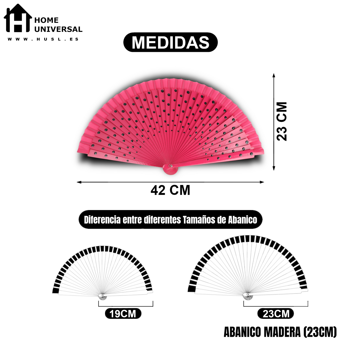 Home Universal®  Abanico Español Plegable de Madera con Argolla de Doble Cara Rojo con Lunares - Ventilador de Mano Ligero Portátil para Flamenco, Bodas, Fiesta y Verano - Rosa Con Lunar Negro - 23 CM (12 Unidades)