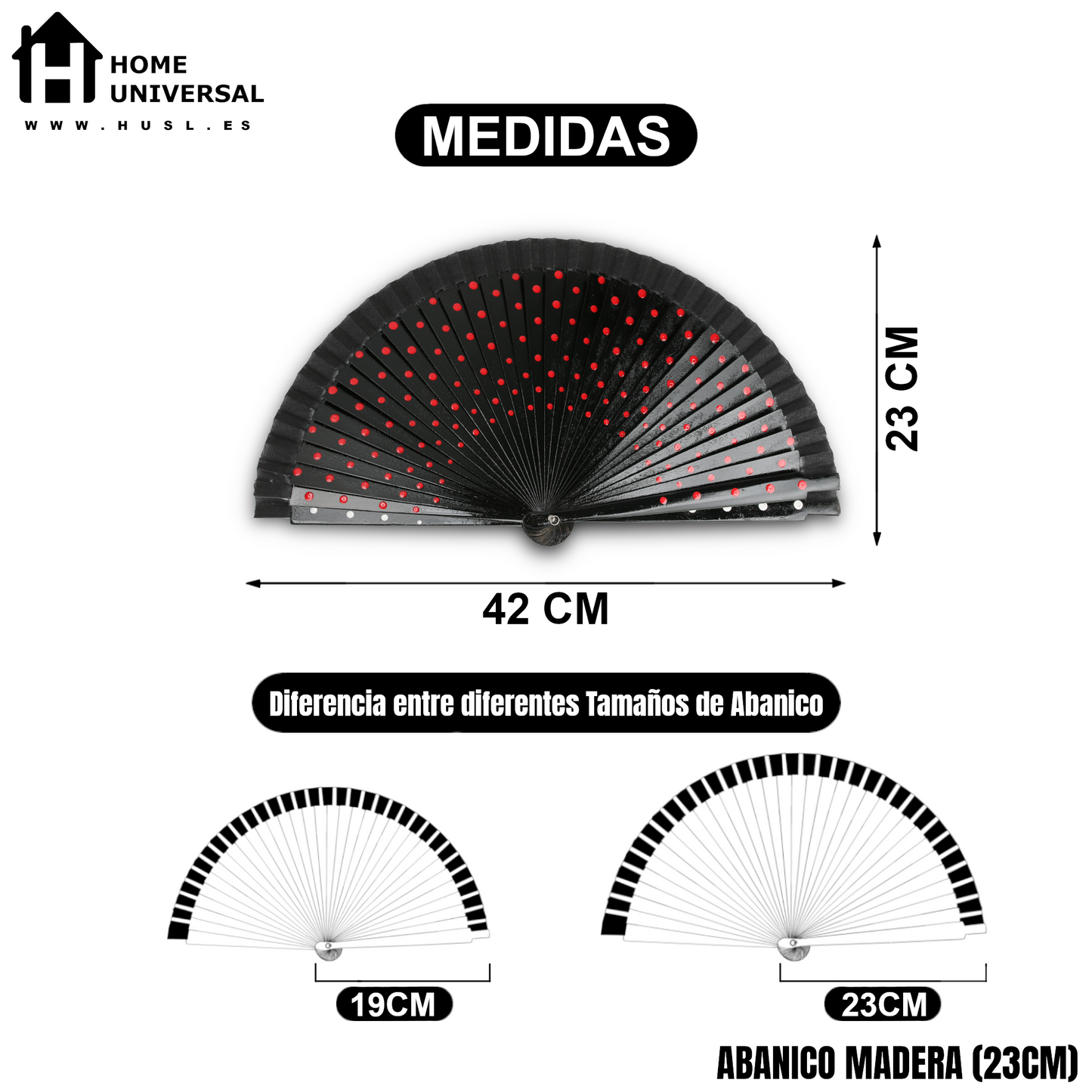 Home Universal® Pack de 1/2 Abanicos de Madera Lacados, Disponibles en Varios Colores y Tamaños, Abanico Flamenco Español para Bodas, Ferias, Fiestas, Comuniones y Eventos (23 cm, Negro Con Lunar Rojo)