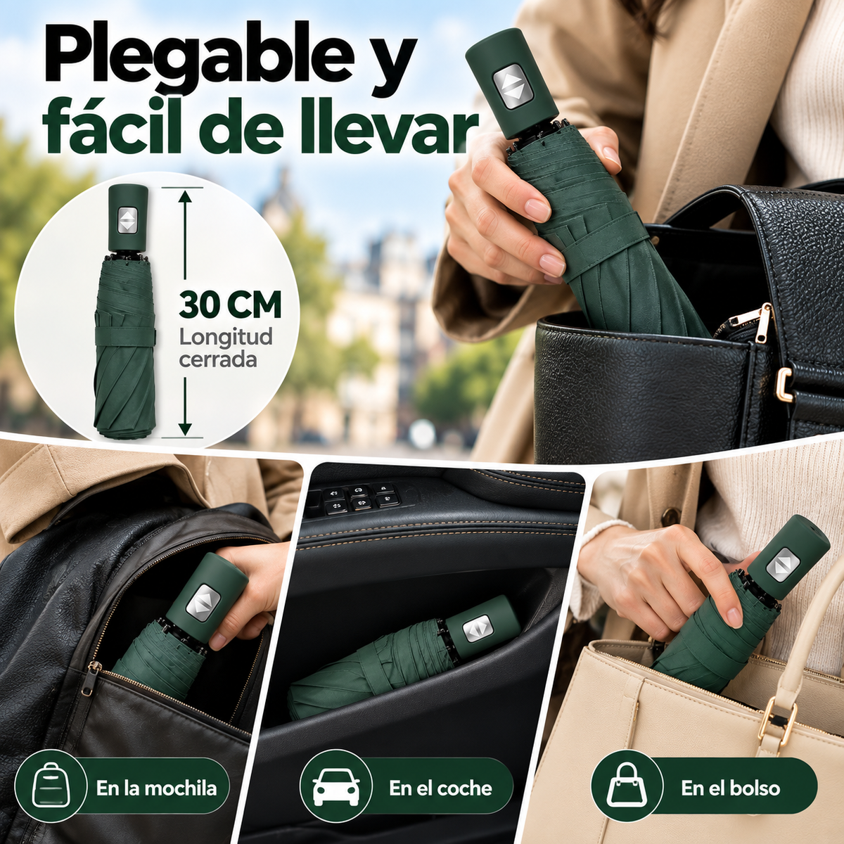 Home Universal® Paraguas Automático Plegable Grande, Compacto y Resistente, para Lluvia y Sol (Automático Apertura y Cierre (Verde))