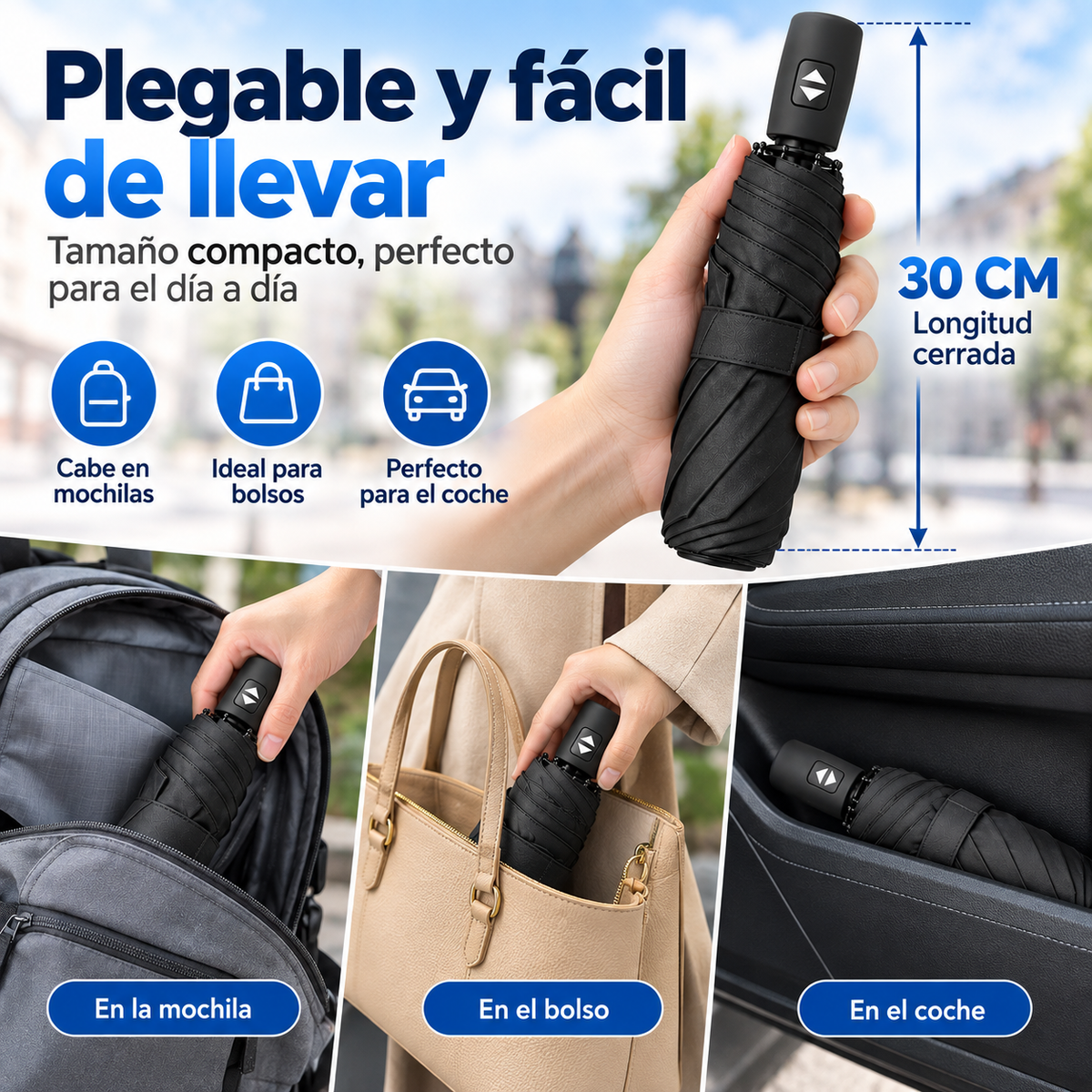 Home Universal® Paraguas Automático Plegable Grande, Compacto y Resistente, para Lluvia y Sol (Automático Apertura y Cierre (Negro))