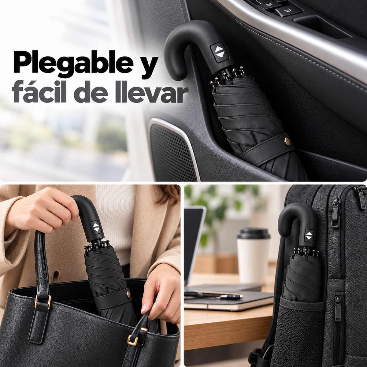 Home Universal® Paraguas Automático Plegable Grande, Compacto y Resistente, para Lluvia y Sol (Mango Curvo (Negro))