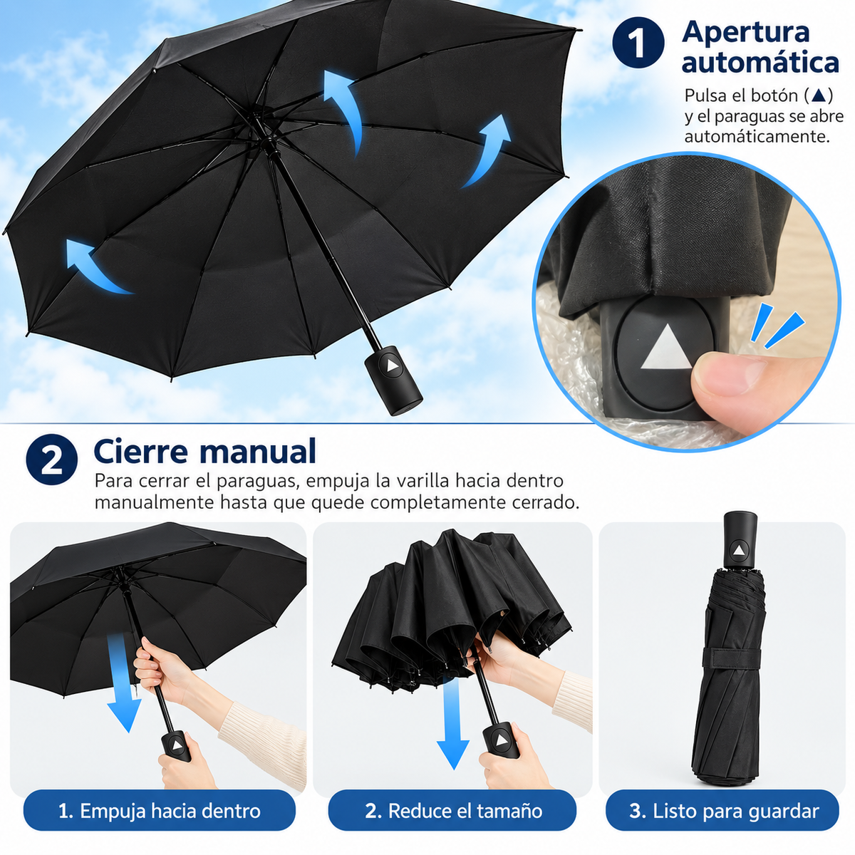 Home Universal® Paraguas Automático Plegable Grande, Compacto y Resistente, para Lluvia y Sol (Solo Apertura Automática (Negro))