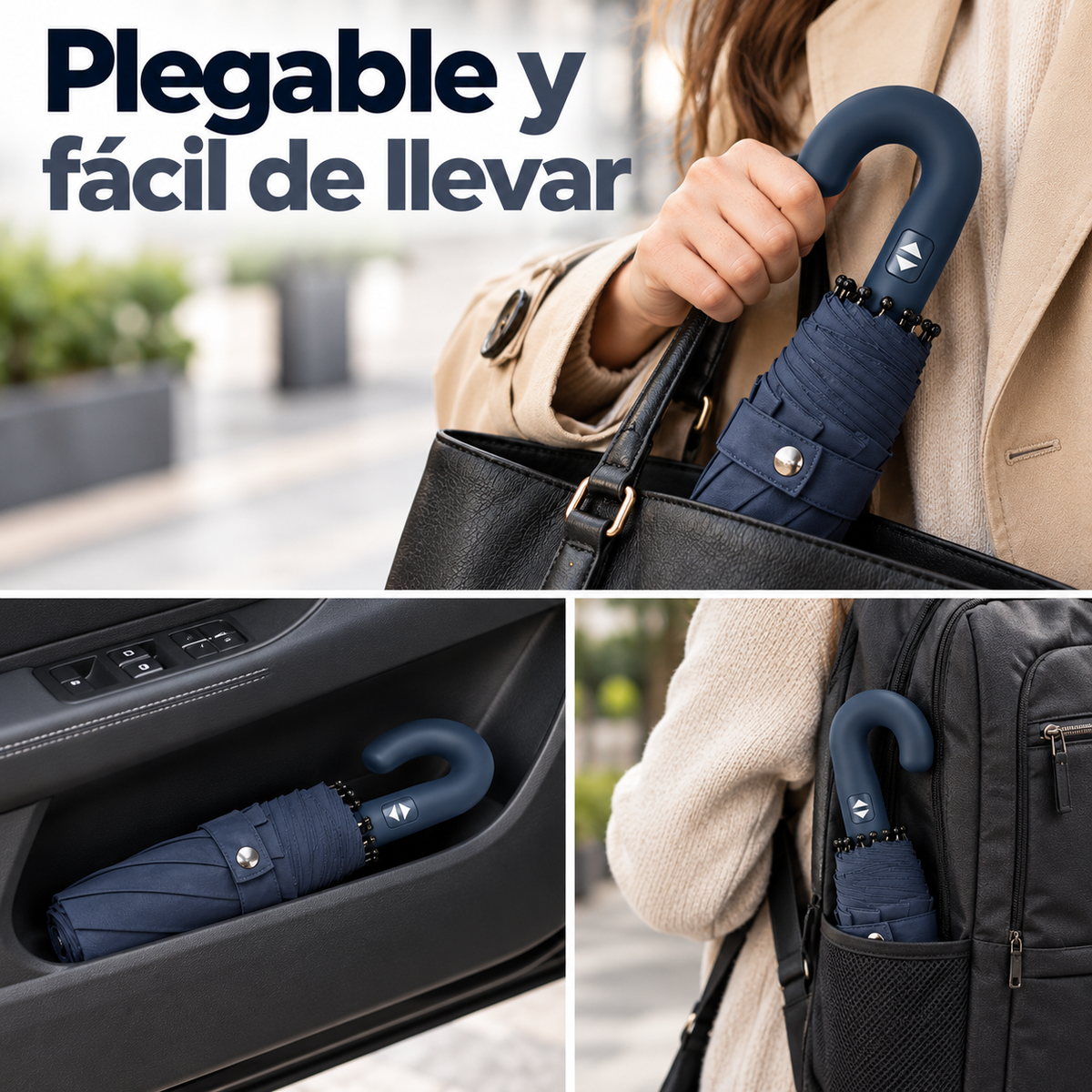 Home Universal® Paraguas Automático Plegable Grande, Compacto y Resistente, para Lluvia y Sol (Mango Curvo (Azul))