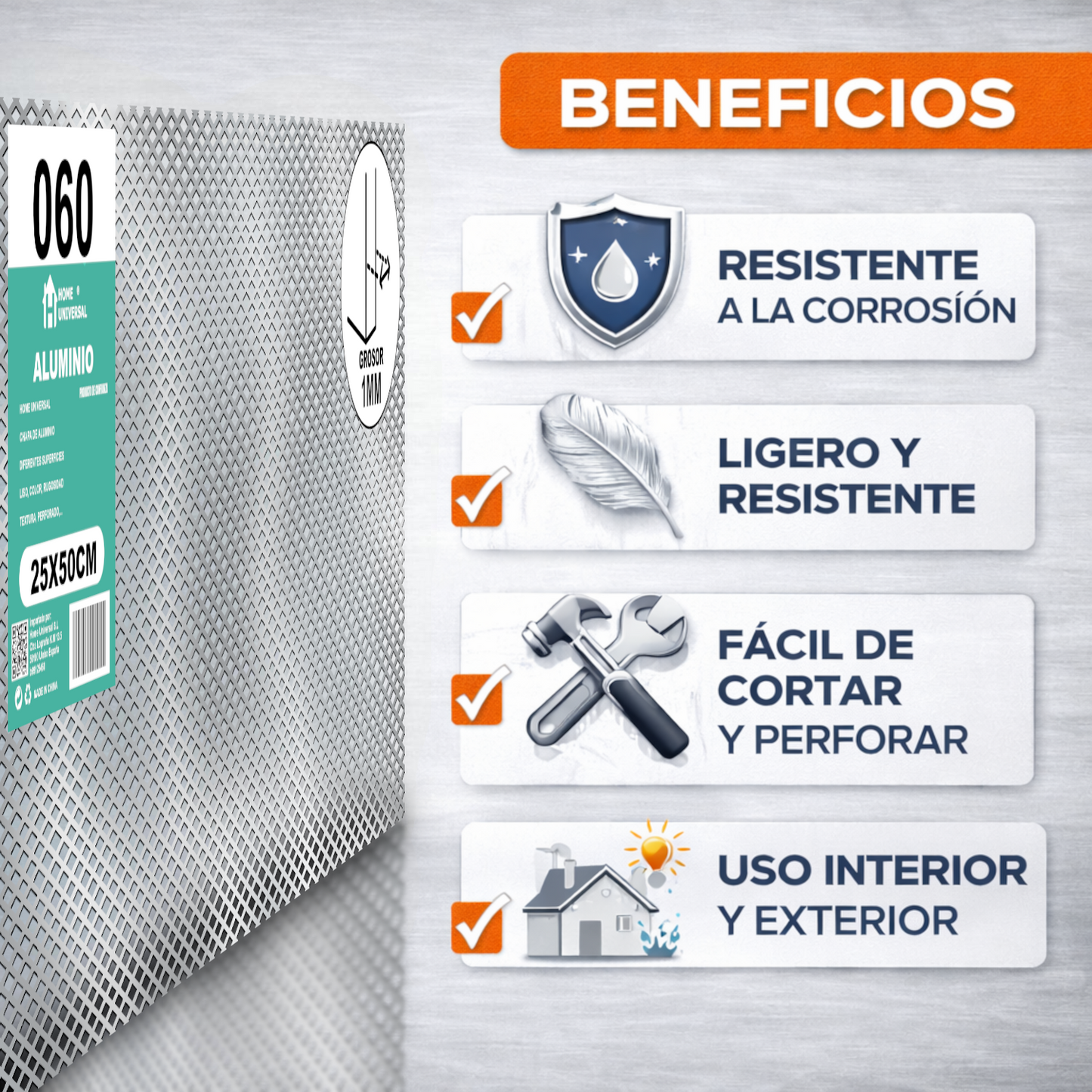 ome Universal® Chapa de Aluminio Estriada, Lisa, Malla y Perforada (Cuadrada, Ovalada, Redonda), Rugosa – Lámina Metálica Resistente Anticorrosión para Bricolaje e Industria Superficie (Malla) - Malla-7X14MM (25X50CM - 1MM)