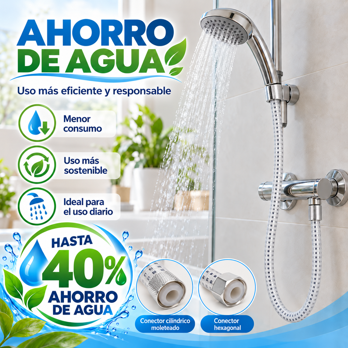 Home Universal® Manguera de Ducha Universal G1/2 – Flexible, Antienredos y Fácil de Instalar, Compatible con la Mayoría de Duchas (Blanco Plata (2.0m))