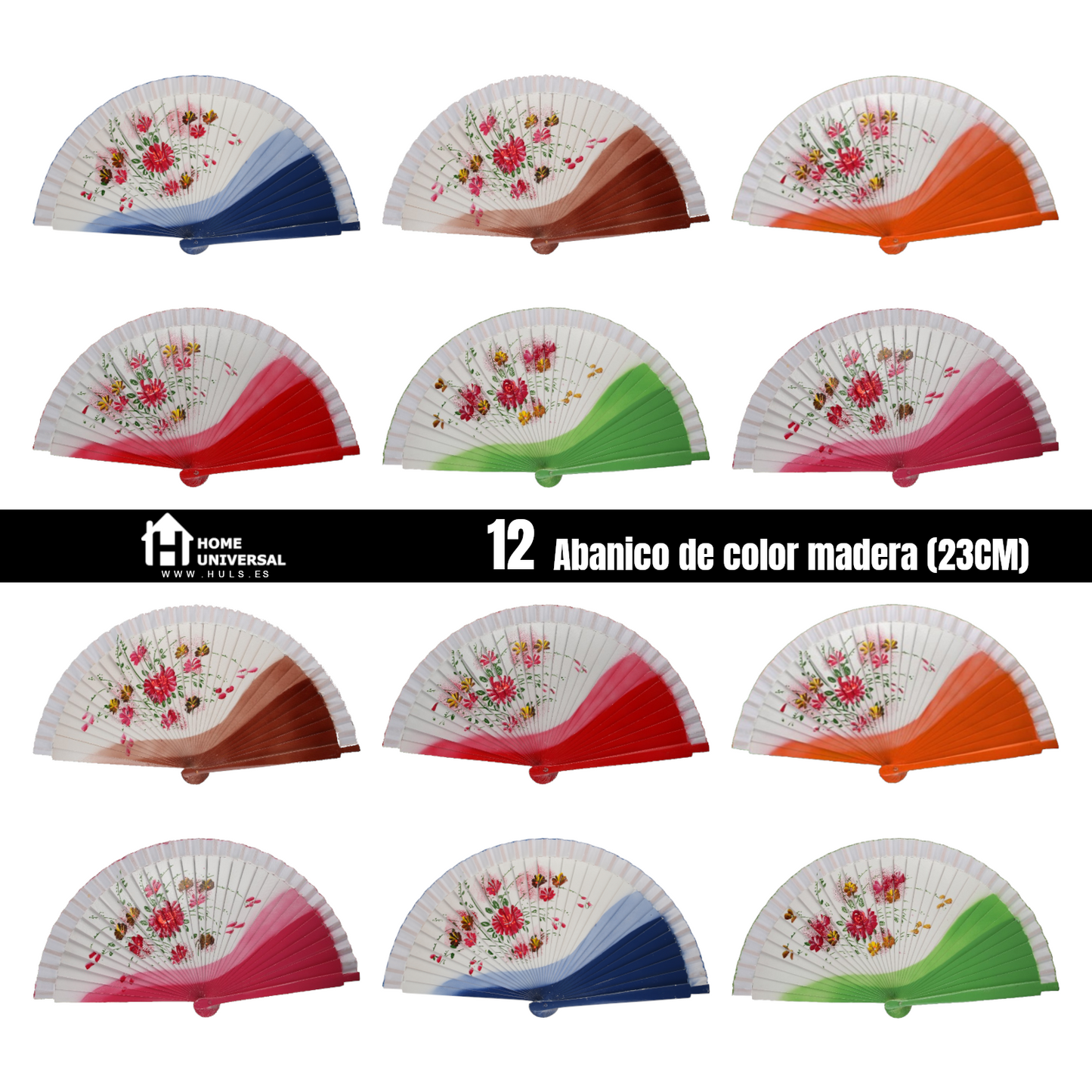 Home Universal® PACK 12 ABANICOS Madera 23CM Pintado UNA Cara, Detalles para LOS Invitados, Regalos DE Boda, Fiestas, COMUNIÓN O Bautizo, Abanico Artesanal Pintado A Mano (6 Color Floral (12 Unidades))