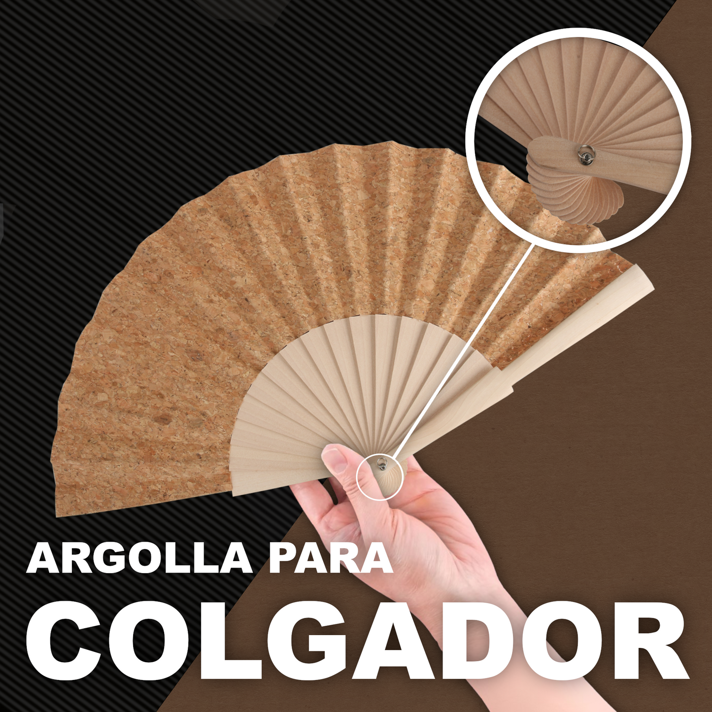 Abanico de Madera Natural 23 cm con Tela de Corcho, Con Caja y Cordón, Abanico Liso para Pintar, Bodas, Manualidades, Eventos y Uso Diario
