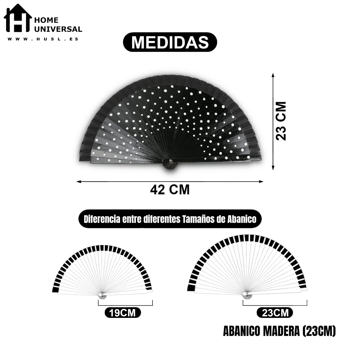 Home Universal® Pack de 1/2 Abanicos de Madera Lacados, Disponibles en Varios Colores y Tamaños, Abanico Flamenco Español para Bodas, Ferias, Fiestas, Comuniones y Eventos (23 cm, Negro Con Lunar Blanco)