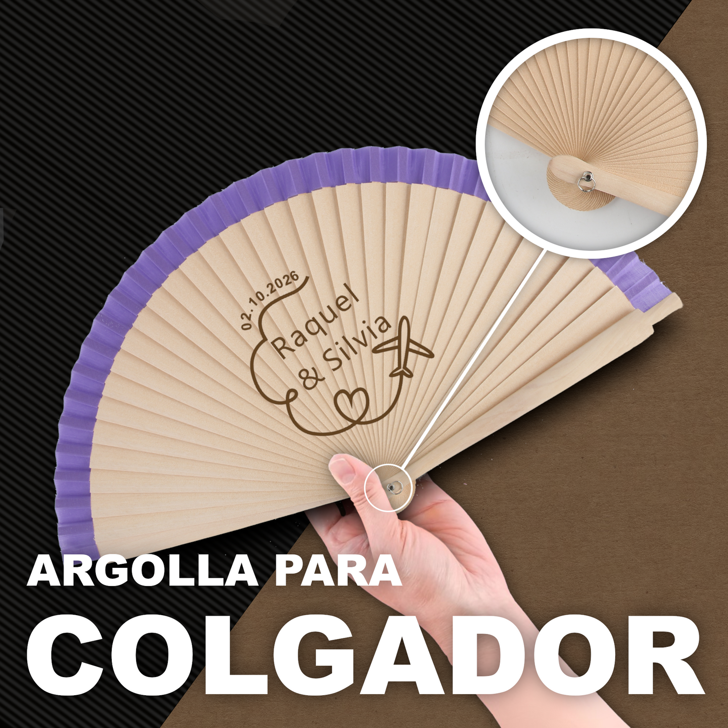 Home Universal® Abanico Personalizado de Madera, 1 Unidad – Detalle Elegante para Boda, Bautizo o Comunión, con Nombre y Fecha, Recuerdo Original para Invitados, 19 y 23 cm(Morado)