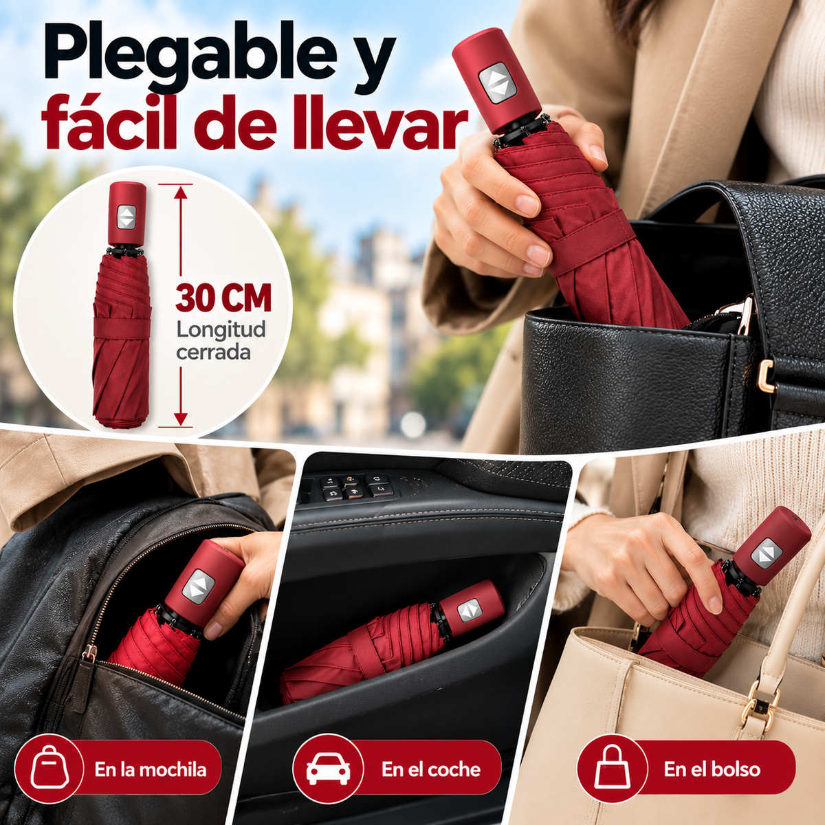 Home Universal® Paraguas Automático Plegable Grande, Compacto y Resistente, para Lluvia y Sol (Automático Apertura y Cierre (Rojo))