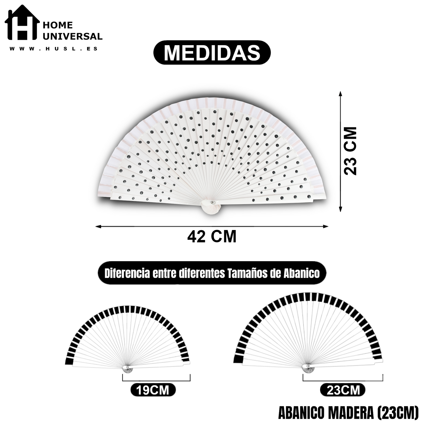 Home Universal®  Abanico Español Plegable de Madera con Argolla de Doble Cara Rojo con Lunares - Ventilador de Mano Ligero Portátil para Flamenco, Bodas, Fiesta y Verano - Blanco Con Lunar Negro - 23 CM (12 Unidades)