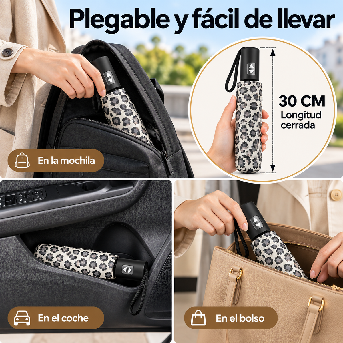 Home Universal® Paraguas Automático Plegable Grande, Compacto y Resistente, para Lluvia y Sol (Automático Apertura y Cierre (Leopardo Gris))