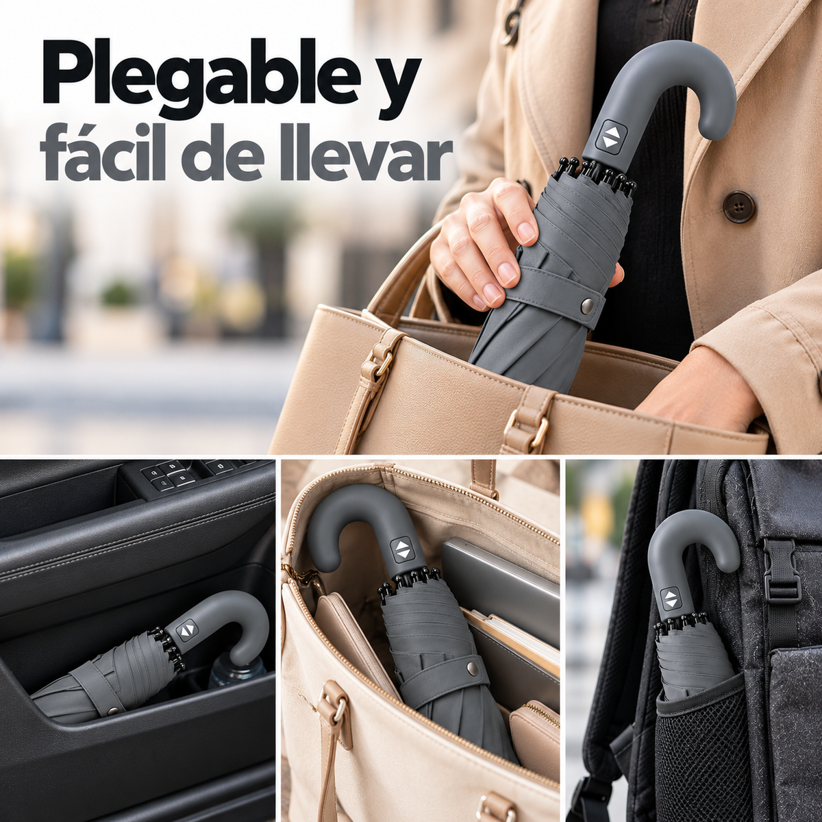 Home Universal® Paraguas Automático Plegable Grande, Compacto y Resistente, para Lluvia y Sol (Mango Curvo (Gris))