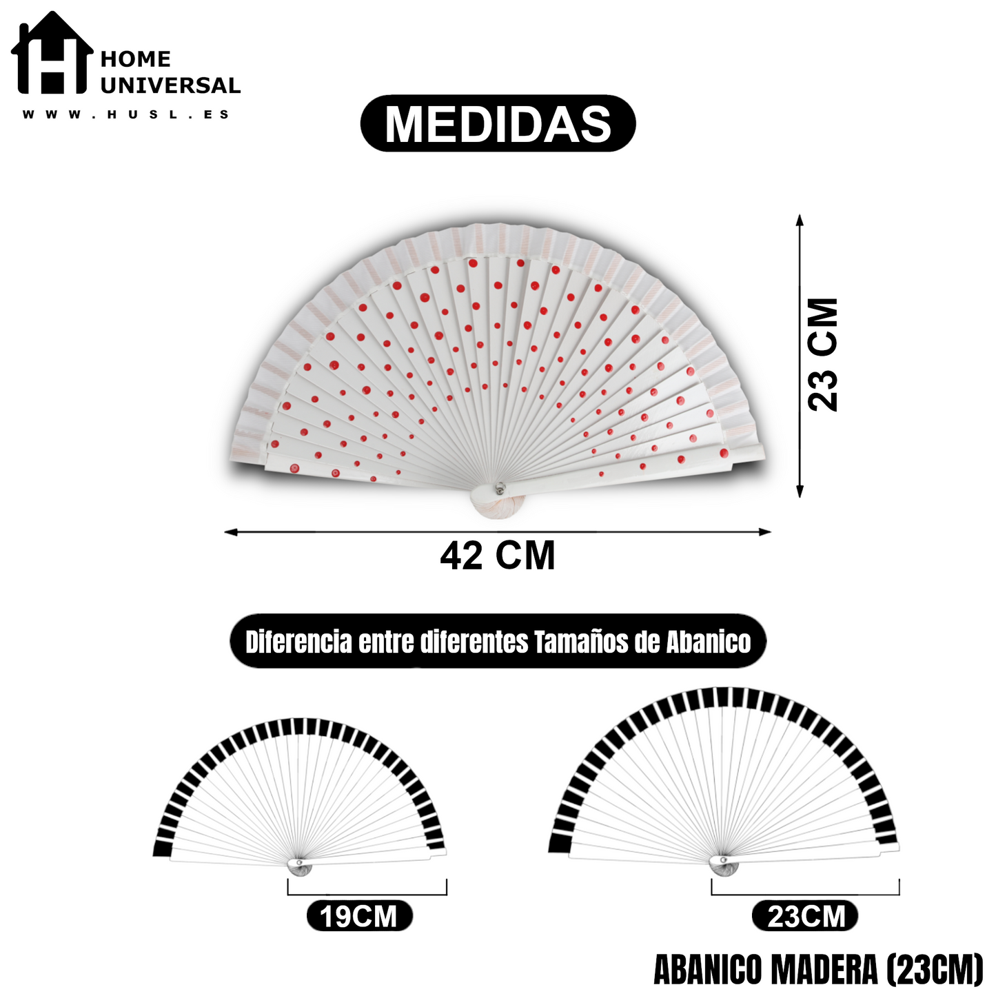 Home Universal® Pack de 1/2 Abanicos de Madera Lacados, Disponibles en Varios Colores y Tamaños, Abanico Flamenco Español para Bodas, Ferias, Fiestas, Comuniones y Eventos (23 cm, Blanco Con Lunar Rojo)