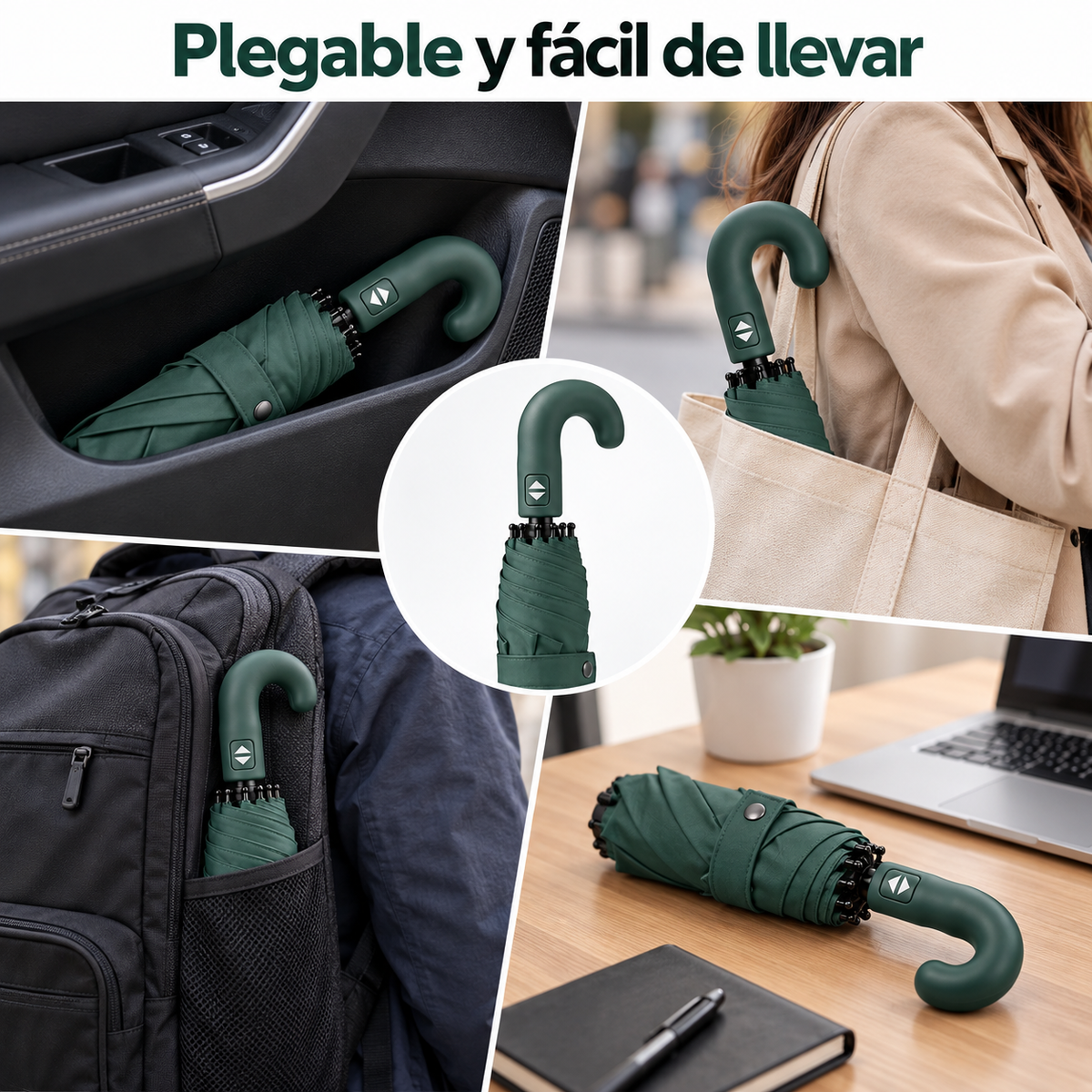 Home Universal® Paraguas Automático Plegable Grande, Compacto y Resistente, para Lluvia y Sol (Mango Curvo (Verde))