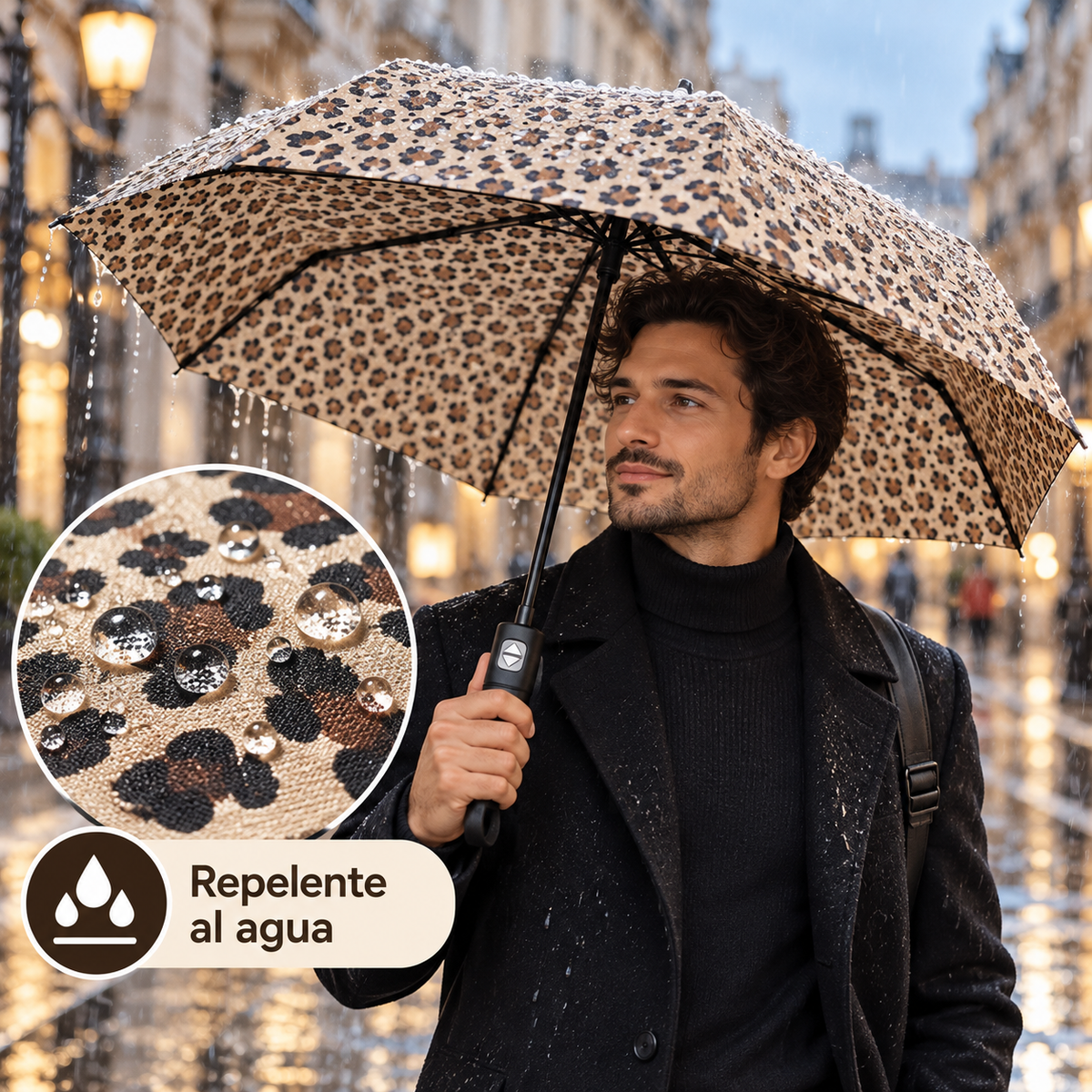 Home Universal® Paraguas Automático Plegable Grande, Compacto y Resistente, para Lluvia y Sol (Automático Apertura y Cierre (Leopardo Beige))