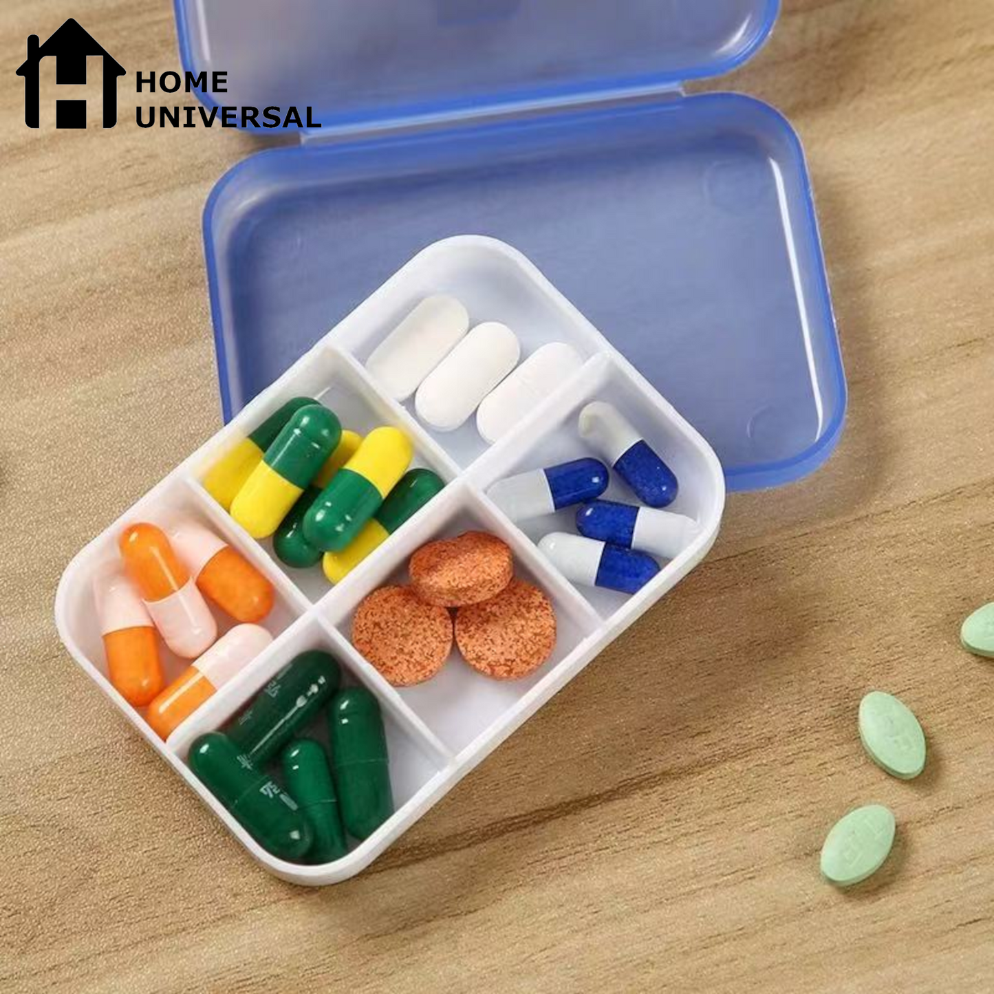 Home Universal® Pastillero portátil y semanal con 6, 7 o 28 compartimentos | Caja organizadora de pastillas con cortador integrado – Diferentes colores y formatos (Pastillero portátil 6 compartimentos - Azul)