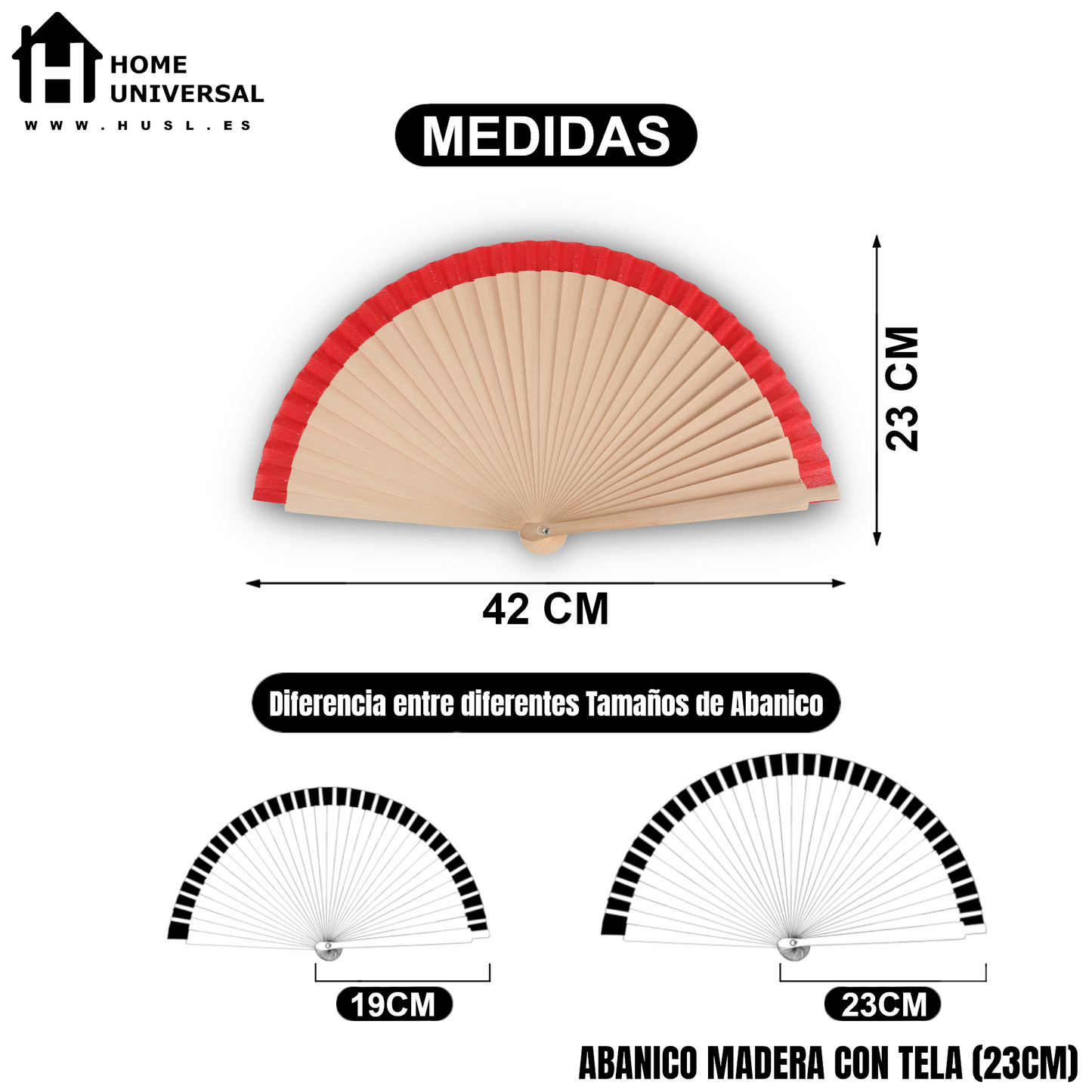 Home Universal® Pack de 1/2 Abanicos de Madera, Disponibles en Varios Colores y Tamaños, Abanico Flamenco Español para Bodas, Ferias, Fiestas, Comuniones y Eventos (23 cm, Madera y Roja)