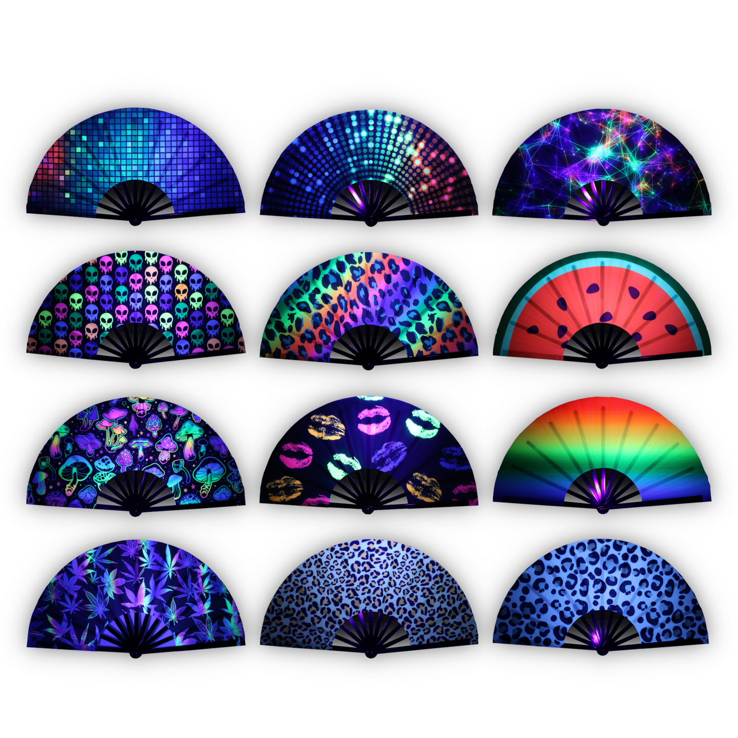 Home Universal® Abanico XXL 33 cm Grande de Plástico con Caja – Plegable, Ligero y Resistente – Efecto Fluorescente Brillante – Ideal para Verano, Fiesta, Discoteca, Pride y Eventos (Leopardo - Multicolor)