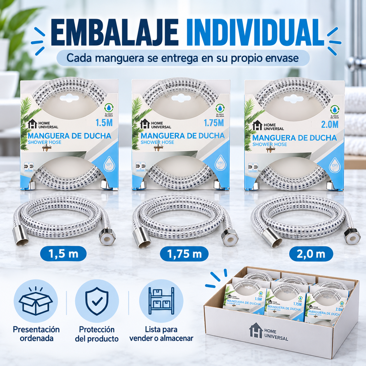 Home Universal® Manguera de Ducha Universal G1/2 – Flexible, Antienredos y Fácil de Instalar, Compatible con la Mayoría de Duchas (Blanco Plata (2.0m))