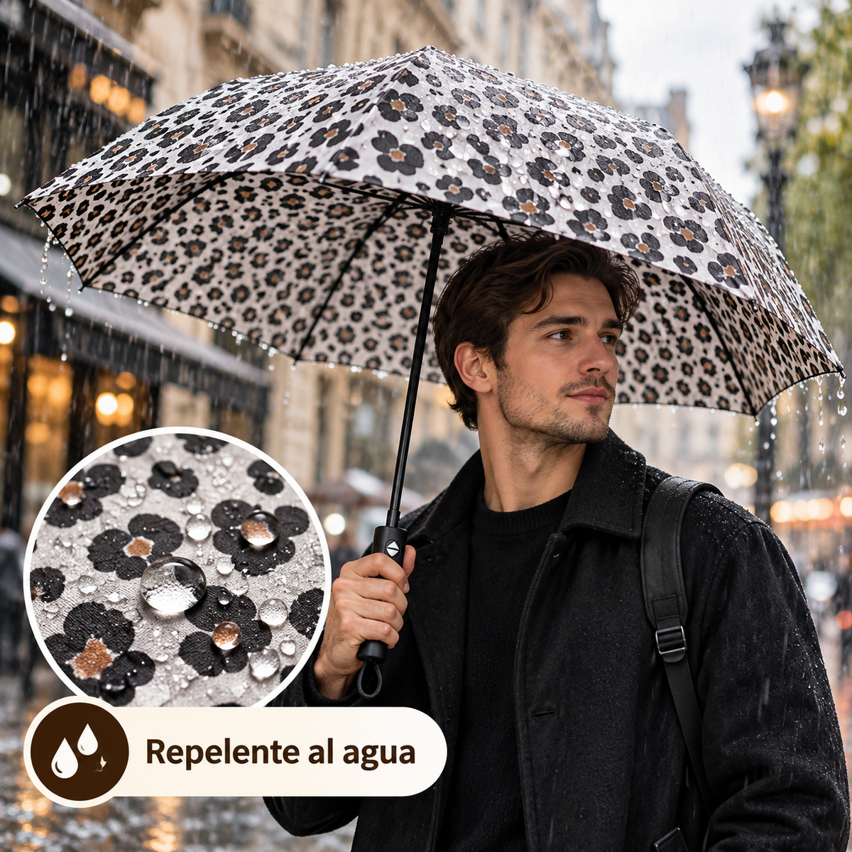 Home Universal® Paraguas Automático Plegable Grande, Compacto y Resistente, para Lluvia y Sol (Automático Apertura y Cierre (Leopardo Blanco Negro))