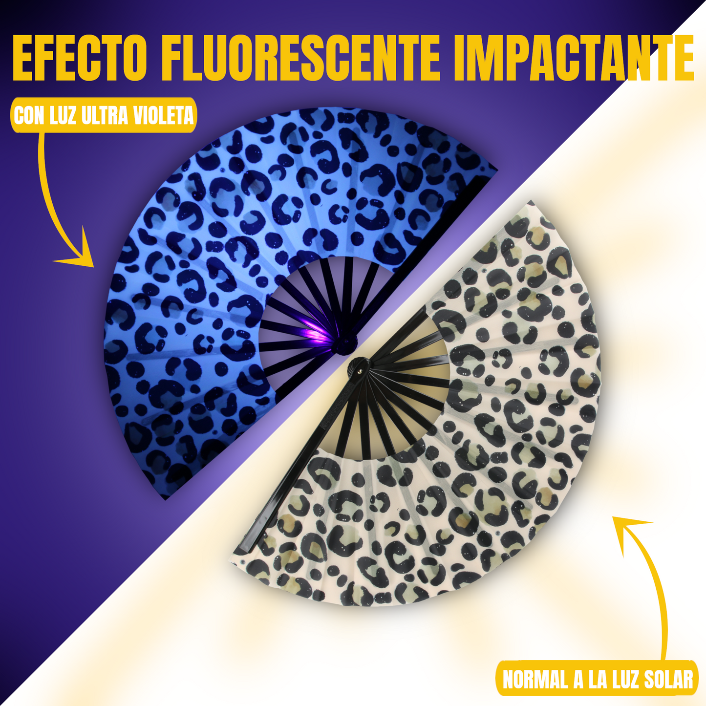 Home Universal® Abanico XXL 33 cm Grande de Plástico con Caja – Plegable, Ligero y Resistente – Efecto Fluorescente Brillante – Ideal para Verano, Fiesta, Discoteca, Pride y Eventos (Leopardo - Beige)