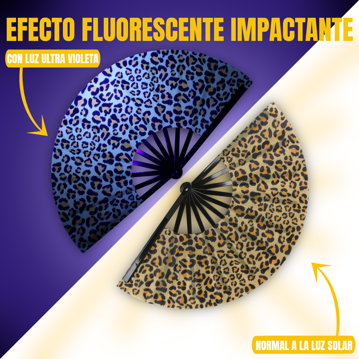 Home Universal® Abanico XXL 33 cm Grande de Plástico con Caja – Plegable, Ligero y Resistente – Efecto Fluorescente Brillante – Ideal para Verano, Fiesta, Discoteca, Pride y Eventos (Leopardo - Natural)
